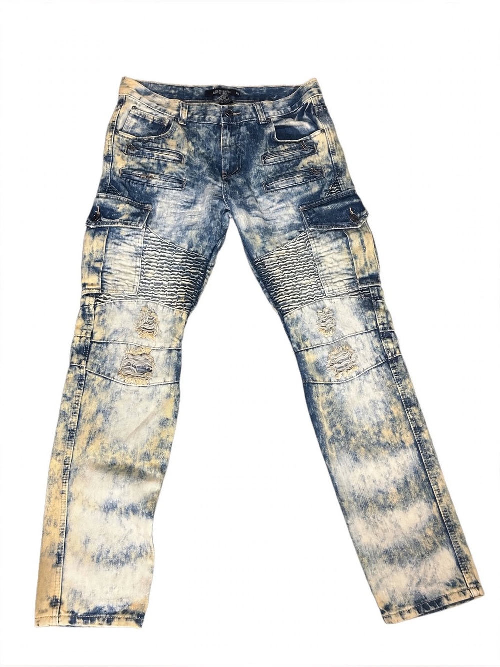 Men's  Lion Dynasty Distressed Acid-Wash Blue Jeans Slim Fit Unisex